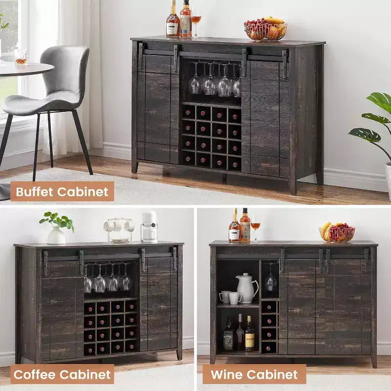Farmhouse Bar Cabinet with Sliding Barn Door, 47 Rustic Wine & Coffee Station, 16-Bottle Rack, Adjustable Shelves for Dining Room, Kitchen