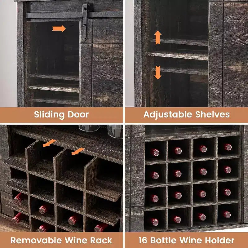 Farmhouse Bar Cabinet with Sliding Barn Door, 47 Rustic Wine & Coffee Station, 16-Bottle Rack, Adjustable Shelves for Dining Room, Kitchen