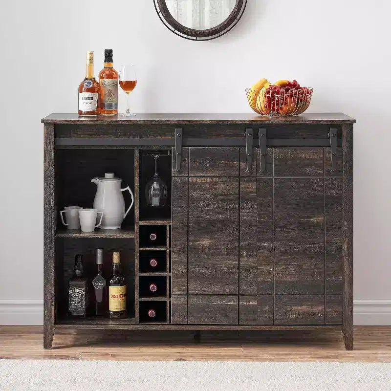 Farmhouse Bar Cabinet with Sliding Barn Door, 47 Rustic Wine & Coffee Station, 16-Bottle Rack, Adjustable Shelves for Dining Room, Kitchen