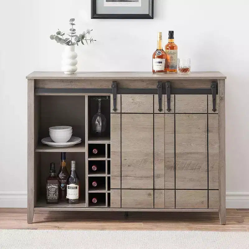 Farmhouse Bar Cabinet with Sliding Barn Door, 47 Rustic Wine & Coffee Station, 16-Bottle Rack, Adjustable Shelves for Dining Room, Kitchen