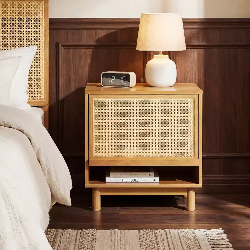 Christopher Knight Home Sawyer Modern Boho Wood Nightstand with Lift-Up Rattan Door