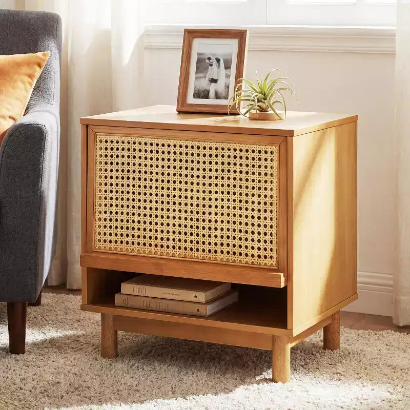 Christopher Knight Home Sawyer Modern Boho Wood Nightstand with Lift-Up Rattan Door