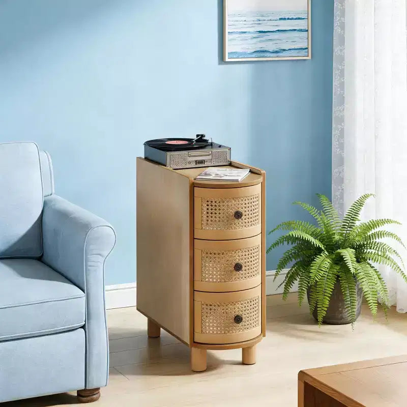 GDFStudio Sacha Solid Wood Rattan 3-Drawer Side Table