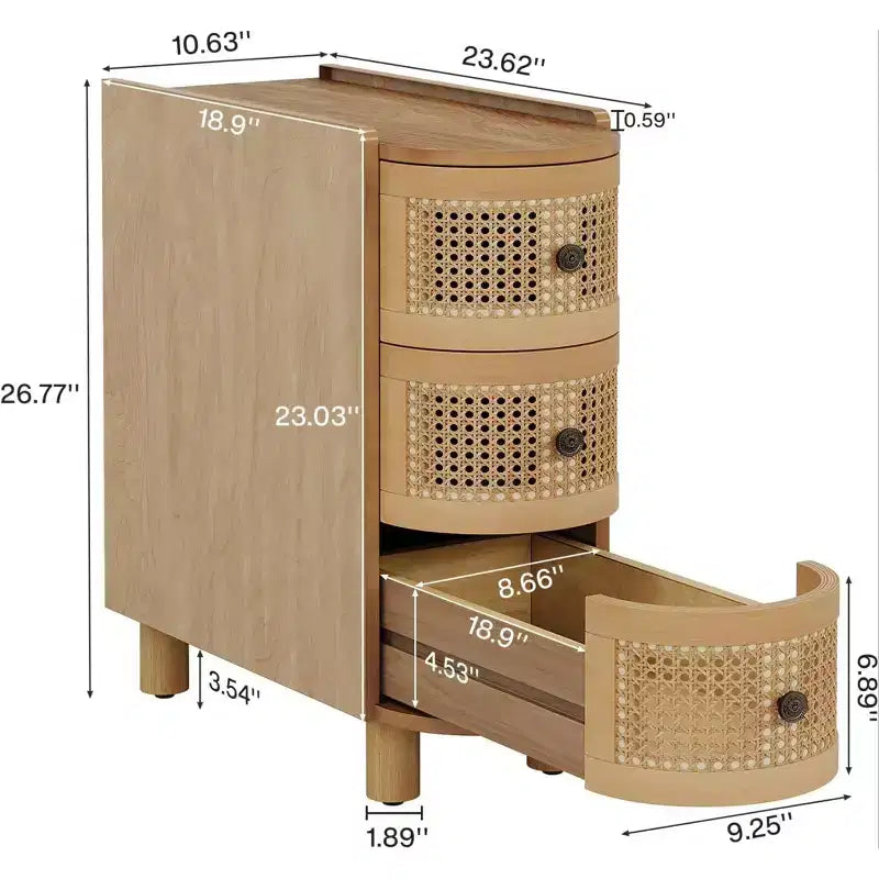 GDFStudio Sacha Solid Wood Rattan 3-Drawer Side Table