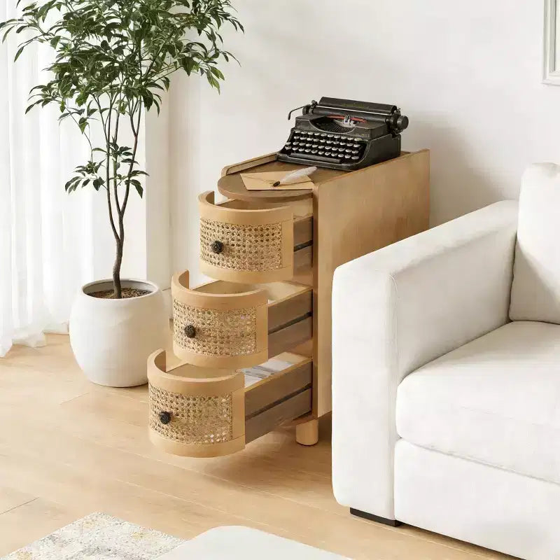 GDFStudio Sacha Solid Wood Rattan 3-Drawer Side Table
