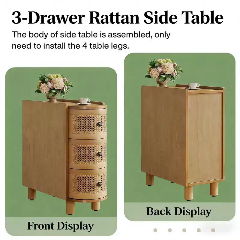 GDFStudio Sacha Solid Wood Rattan 3-Drawer Side Table