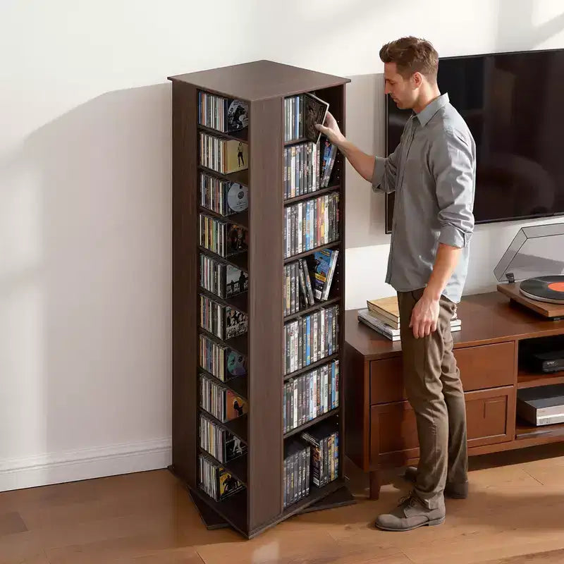 VEVOR Media Storage Cabinet, CD Rack Tower, 34 Compartments Rotating Media Tower Rack for CDs, DVDs, Books and Game Discs, DVD Stand, Brown