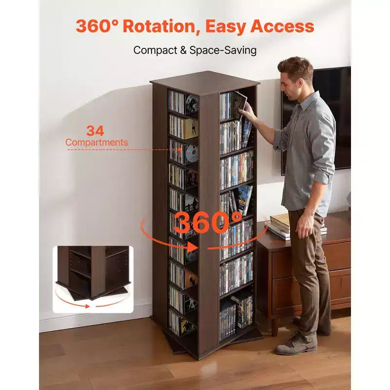 VEVOR Media Storage Cabinet, CD Rack Tower, 34 Compartments Rotating Media Tower Rack for CDs, DVDs, Books and Game Discs, DVD Stand, Brown