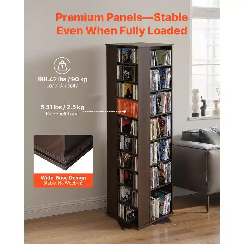 VEVOR Media Storage Cabinet, CD Rack Tower, 34 Compartments Rotating Media Tower Rack for CDs, DVDs, Books and Game Discs, DVD Stand, Brown