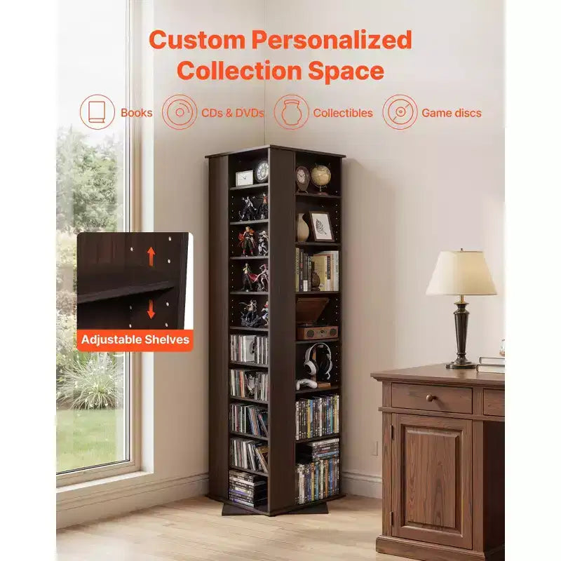VEVOR Media Storage Cabinet, CD Rack Tower, 34 Compartments Rotating Media Tower Rack for CDs, DVDs, Books and Game Discs, DVD Stand, Brown