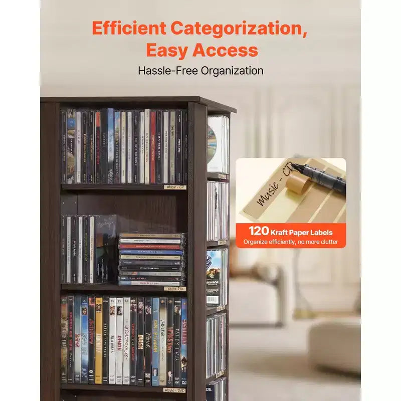 VEVOR Media Storage Cabinet, CD Rack Tower, 34 Compartments Rotating Media Tower Rack for CDs, DVDs, Books and Game Discs, DVD Stand, Brown