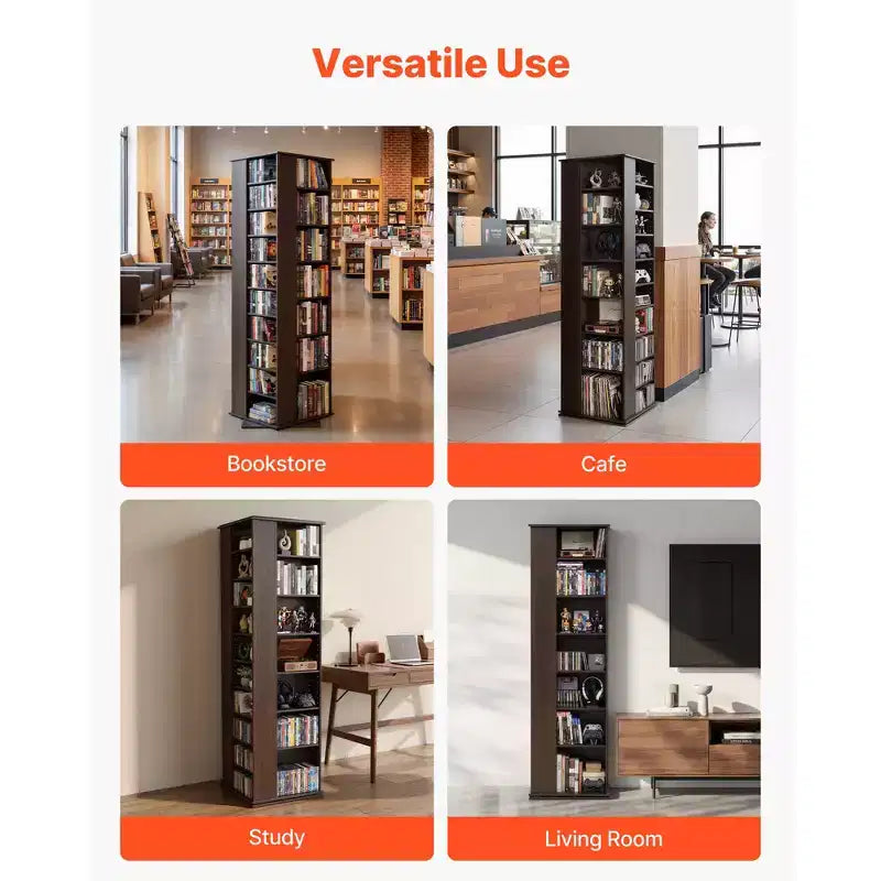 VEVOR Media Storage Cabinet, CD Rack Tower, 34 Compartments Rotating Media Tower Rack for CDs, DVDs, Books and Game Discs, DVD Stand, Brown