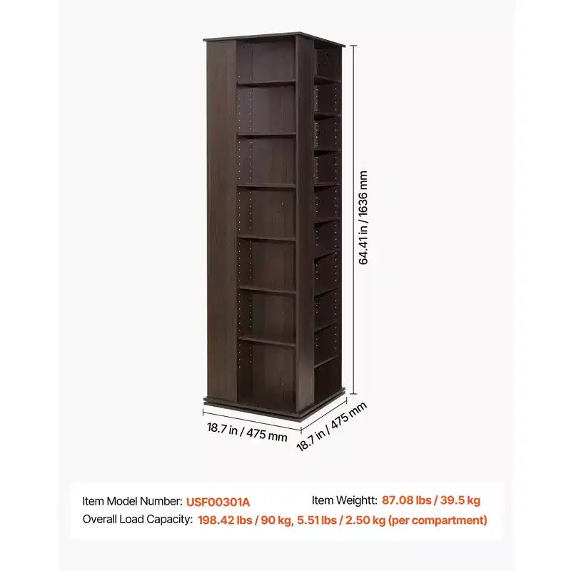 VEVOR Media Storage Cabinet, CD Rack Tower, 34 Compartments Rotating Media Tower Rack for CDs, DVDs, Books and Game Discs, DVD Stand, Brown