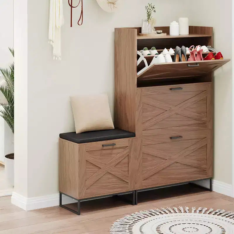 Farmhouse Shoe Storage Cabinet with 4 Turnover Drawers and Upholstered Bench - Dual-Layer Hidden Organizer - Space-Saving Metal Legs - Easy Assembly