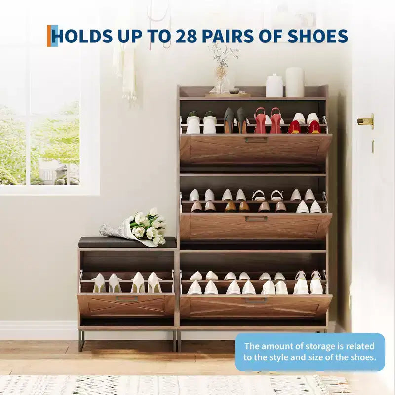 Farmhouse Shoe Storage Cabinet with 4 Turnover Drawers and Upholstered Bench - Dual-Layer Hidden Organizer - Space-Saving Metal Legs - Easy Assembly