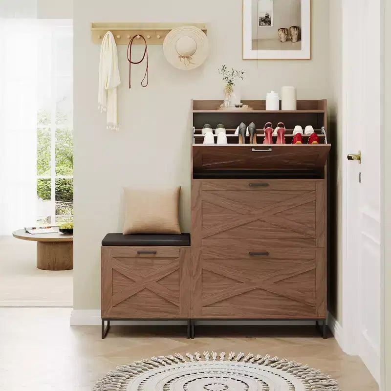 Farmhouse Shoe Storage Cabinet with 4 Turnover Drawers and Upholstered Bench - Dual-Layer Hidden Organizer - Space-Saving Metal Legs - Easy Assembly