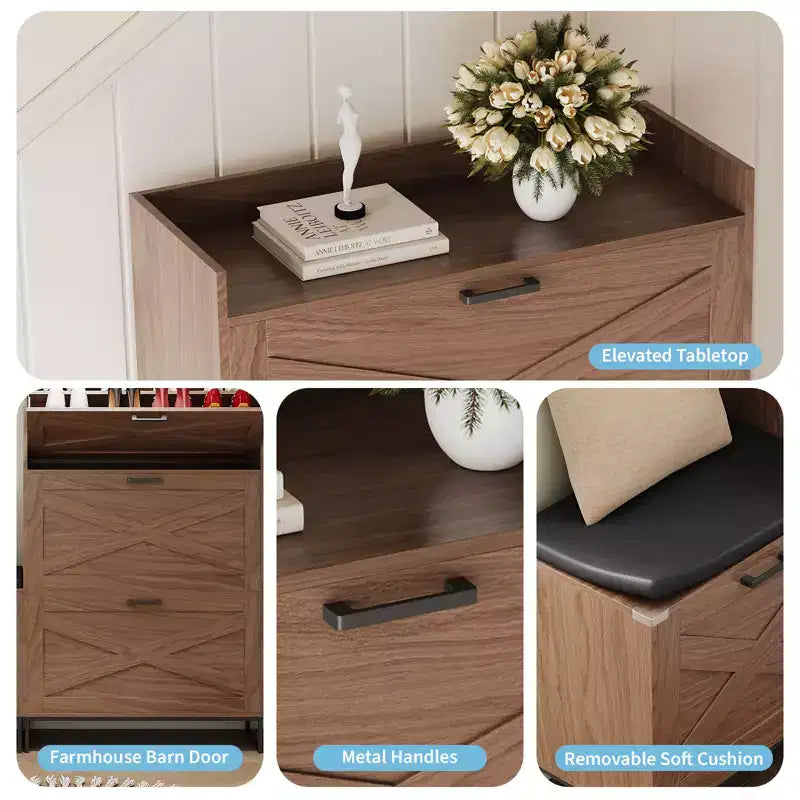 Farmhouse Shoe Storage Cabinet with 4 Turnover Drawers and Upholstered Bench - Dual-Layer Hidden Organizer - Space-Saving Metal Legs - Easy Assembly