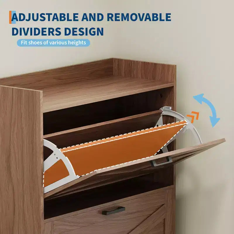 Farmhouse Shoe Storage Cabinet with 4 Turnover Drawers and Upholstered Bench - Dual-Layer Hidden Organizer - Space-Saving Metal Legs - Easy Assembly