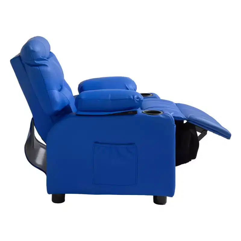 VEVOR Kids Reclining Chair, Toddler Recliner with 2 Cup Holders and 4 Pockets, 107 to 126 Adjustable Back, PU Leather Recliner Couch, Blue