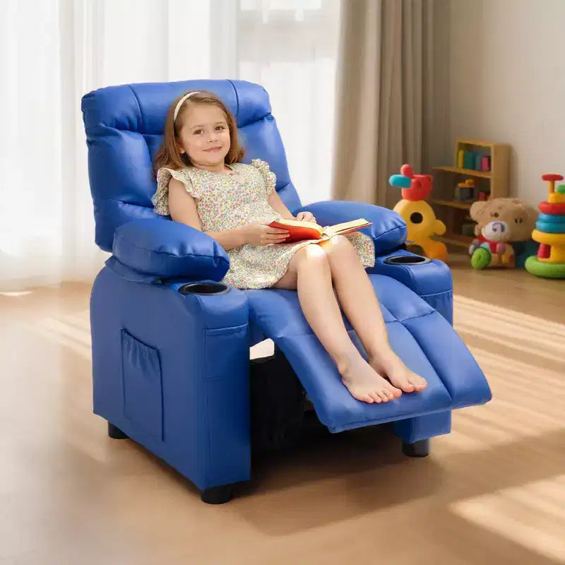 VEVOR Kids Reclining Chair, Toddler Recliner with 2 Cup Holders and 4 Pockets, 107 to 126 Adjustable Back, PU Leather Recliner Couch, Blue
