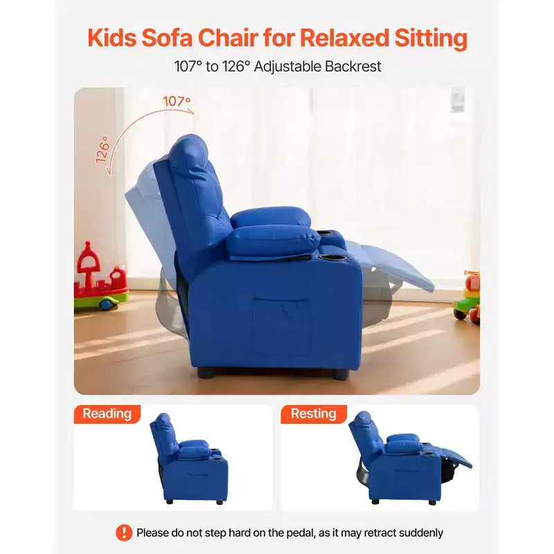 VEVOR Kids Reclining Chair, Toddler Recliner with 2 Cup Holders and 4 Pockets, 107 to 126 Adjustable Back, PU Leather Recliner Couch, Blue