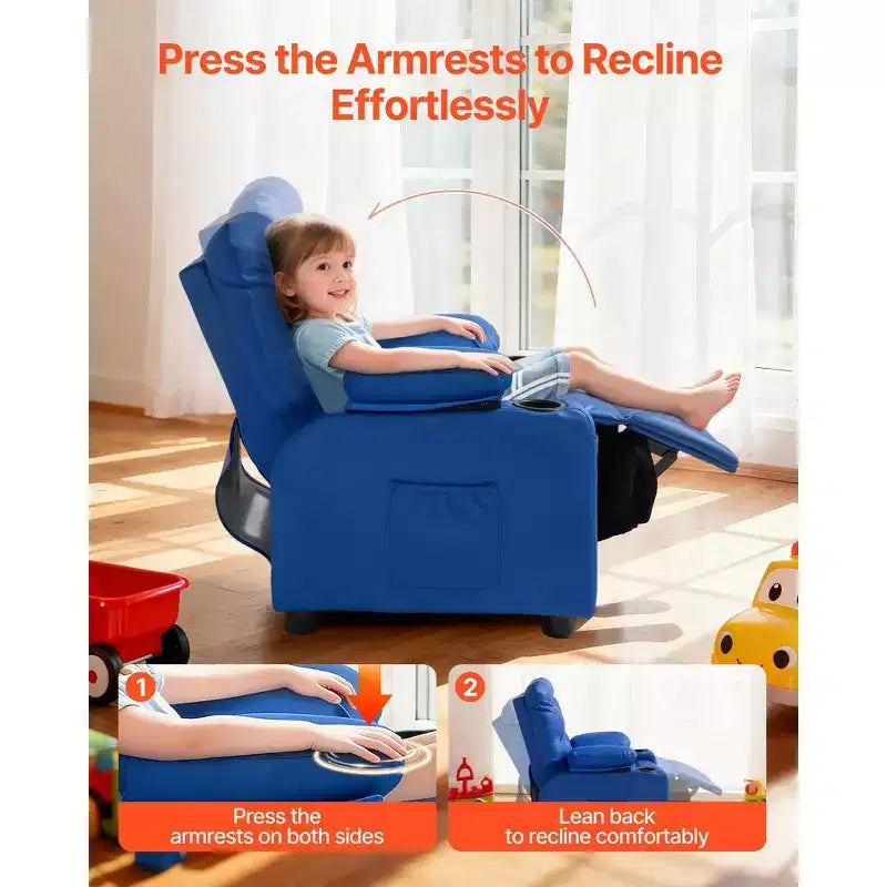VEVOR Kids Reclining Chair, Toddler Recliner with 2 Cup Holders and 4 Pockets, 107 to 126 Adjustable Back, PU Leather Recliner Couch, Blue
