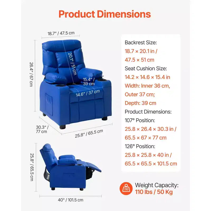 VEVOR Kids Reclining Chair, Toddler Recliner with 2 Cup Holders and 4 Pockets, 107 to 126 Adjustable Back, PU Leather Recliner Couch, Blue