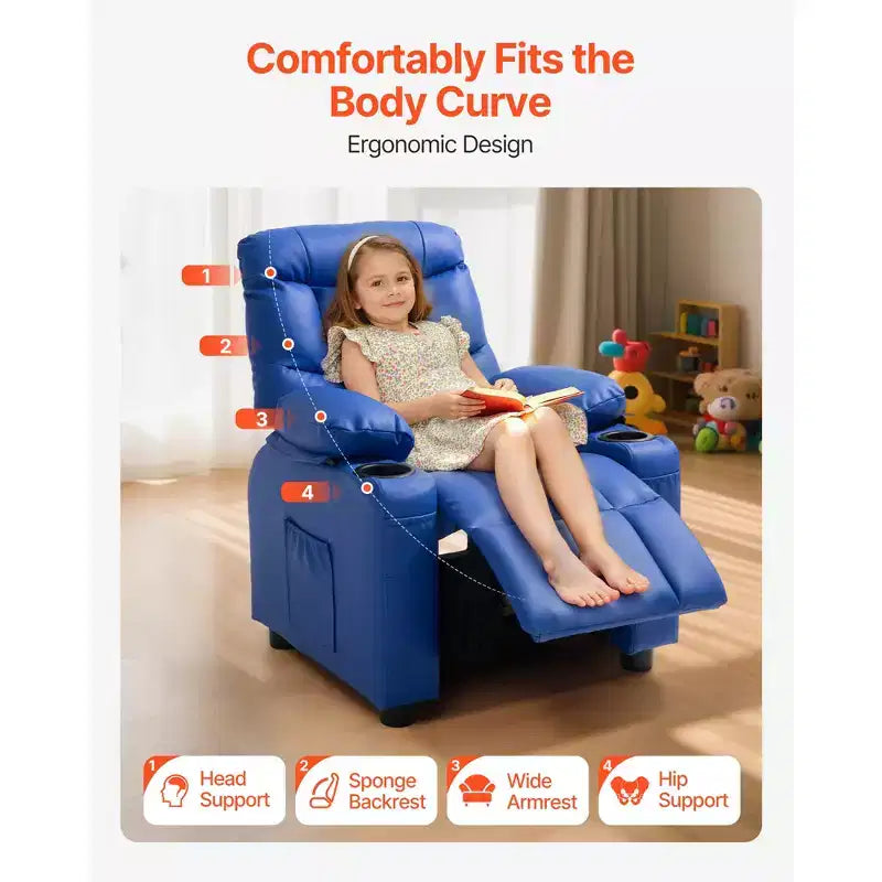 VEVOR Kids Reclining Chair, Toddler Recliner with 2 Cup Holders and 4 Pockets, 107 to 126 Adjustable Back, PU Leather Recliner Couch, Blue