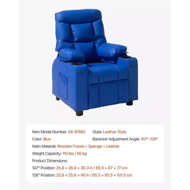 VEVOR Kids Reclining Chair, Toddler Recliner with 2 Cup Holders and 4 Pockets, 107 to 126 Adjustable Back, PU Leather Recliner Couch, Blue