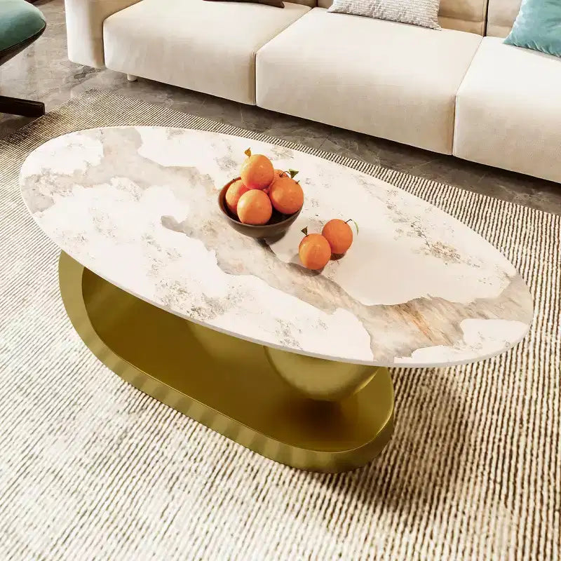 Whisen 47.2 Modern Oval Coffee Table with Marble Pattern Sintered Stone Top & Gold Stainless Steel Base - White & Gold