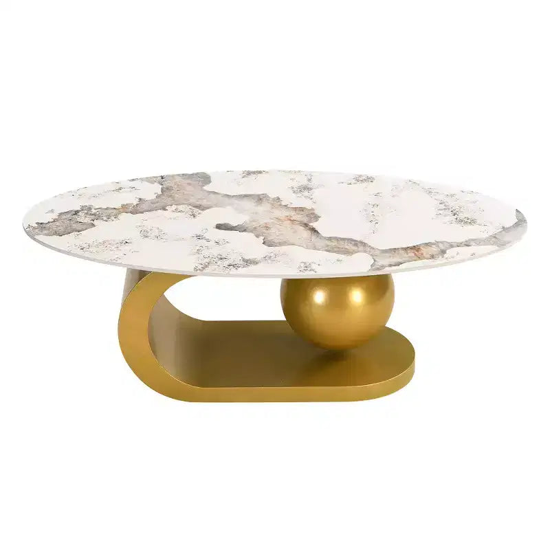 Whisen 47.2 Modern Oval Coffee Table with Marble Pattern Sintered Stone Top & Gold Stainless Steel Base - White & Gold