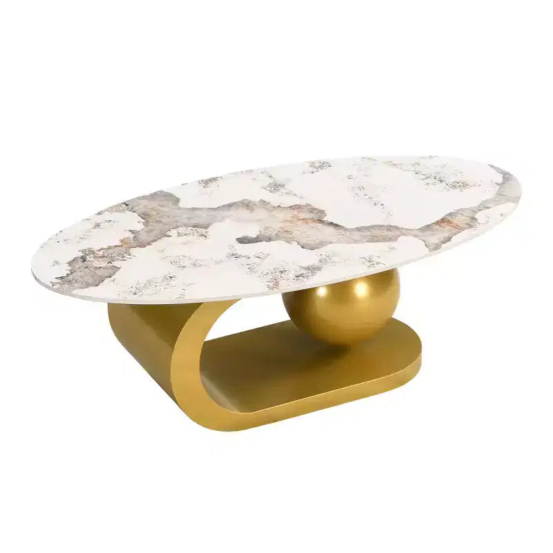 Whisen 47.2 Modern Oval Coffee Table with Marble Pattern Sintered Stone Top & Gold Stainless Steel Base - White & Gold