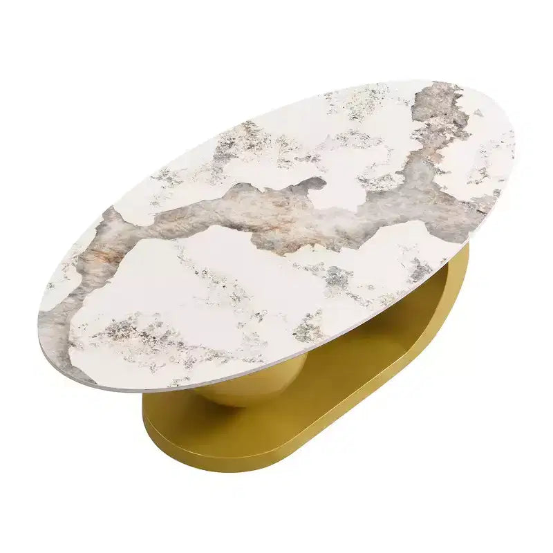 Whisen 47.2 Modern Oval Coffee Table with Marble Pattern Sintered Stone Top & Gold Stainless Steel Base - White & Gold