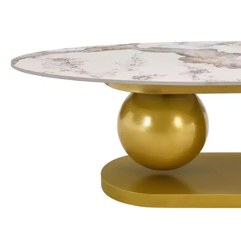 Whisen 47.2 Modern Oval Coffee Table with Marble Pattern Sintered Stone Top & Gold Stainless Steel Base - White & Gold