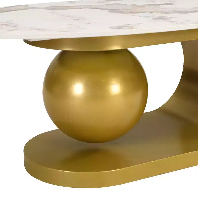 Whisen 47.2 Modern Oval Coffee Table with Marble Pattern Sintered Stone Top & Gold Stainless Steel Base - White & Gold