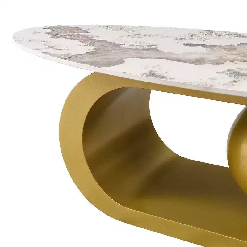 Whisen 47.2 Modern Oval Coffee Table with Marble Pattern Sintered Stone Top & Gold Stainless Steel Base - White & Gold