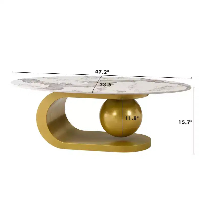 Whisen 47.2 Modern Oval Coffee Table with Marble Pattern Sintered Stone Top & Gold Stainless Steel Base - White & Gold