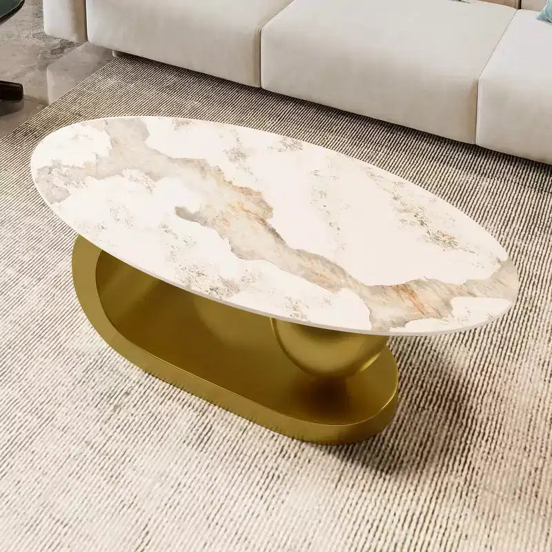 Whisen 47.2 Modern Oval Coffee Table with Marble Pattern Sintered Stone Top & Gold Stainless Steel Base - White & Gold