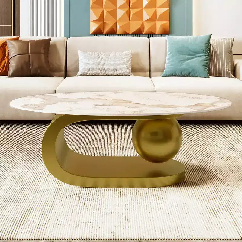 Whisen 47.2 Modern Oval Coffee Table with Marble Pattern Sintered Stone Top & Gold Stainless Steel Base - White & Gold