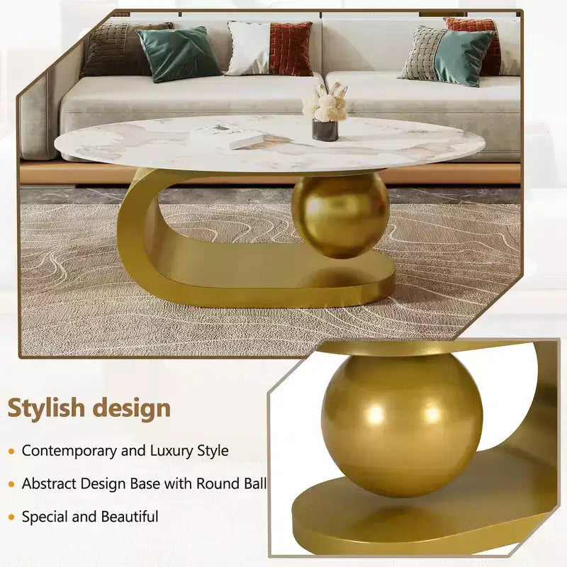 Whisen 47.2 Modern Oval Coffee Table with Marble Pattern Sintered Stone Top & Gold Stainless Steel Base - White & Gold