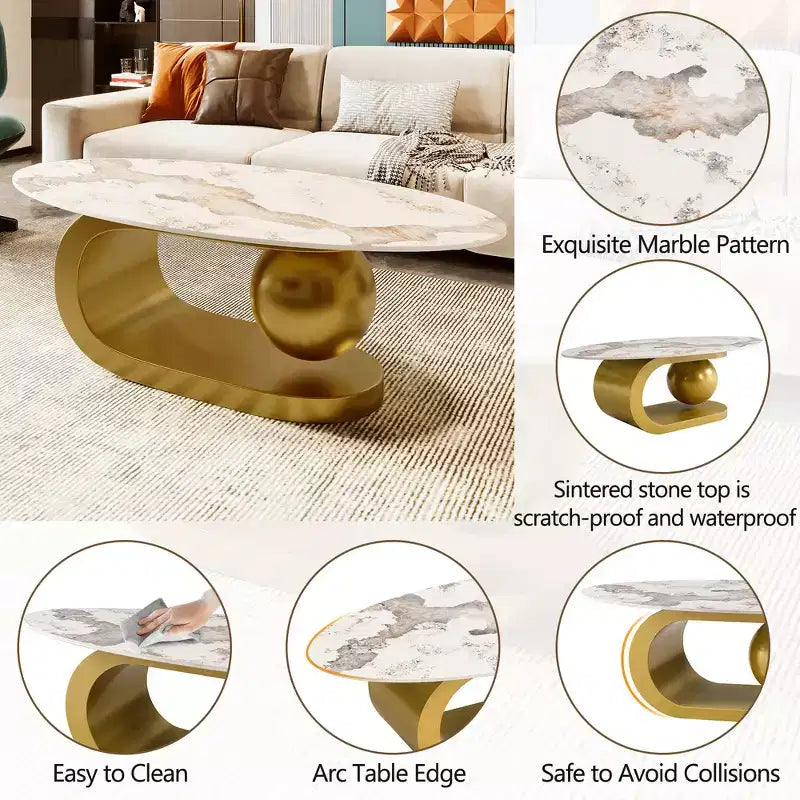 Whisen 47.2 Modern Oval Coffee Table with Marble Pattern Sintered Stone Top & Gold Stainless Steel Base - White & Gold