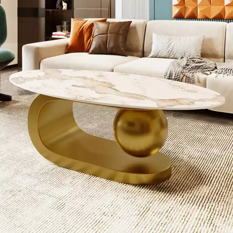 Whisen 47.2 Modern Oval Coffee Table with Marble Pattern Sintered Stone Top & Gold Stainless Steel Base - White & Gold
