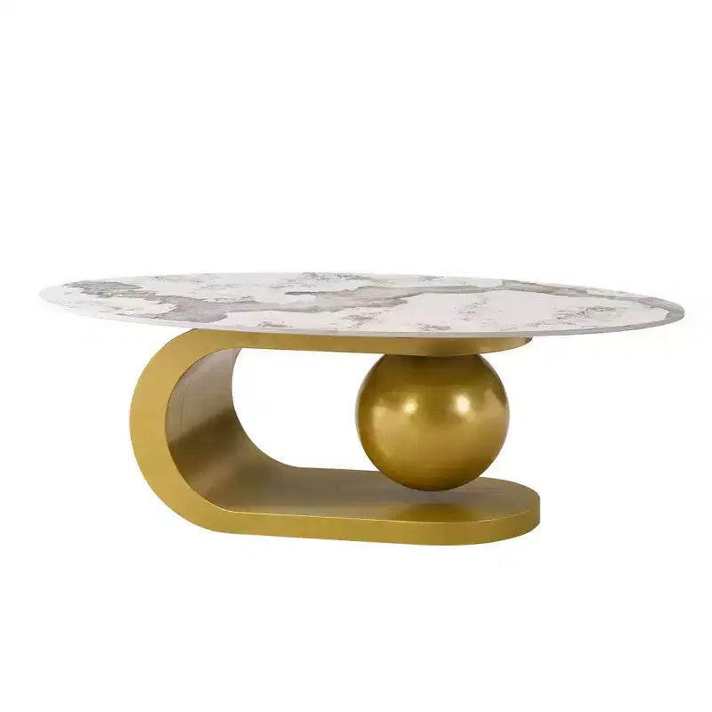 Whisen 47.2 Modern Oval Coffee Table with Marble Pattern Sintered Stone Top & Gold Stainless Steel Base - White & Gold