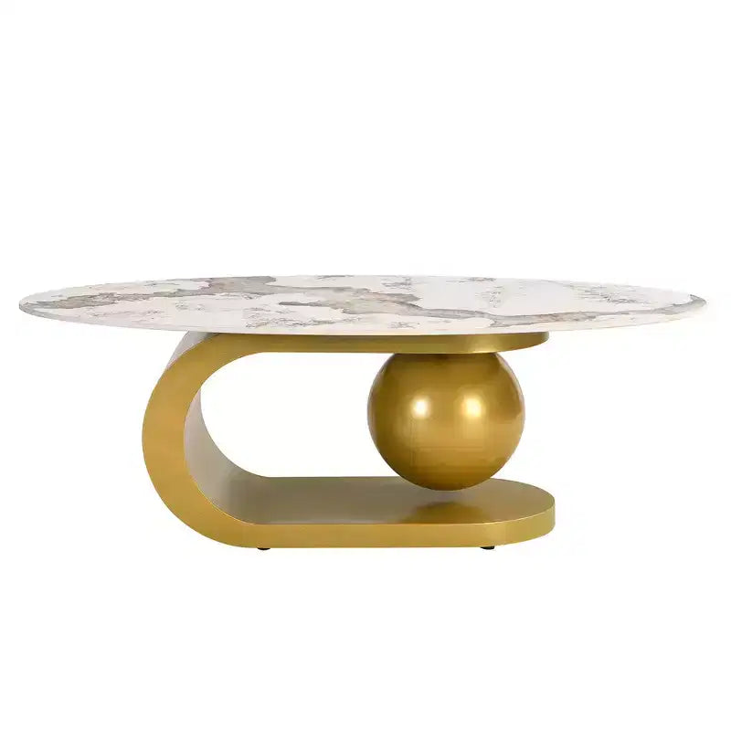 Whisen 47.2 Modern Oval Coffee Table with Marble Pattern Sintered Stone Top & Gold Stainless Steel Base - White & Gold