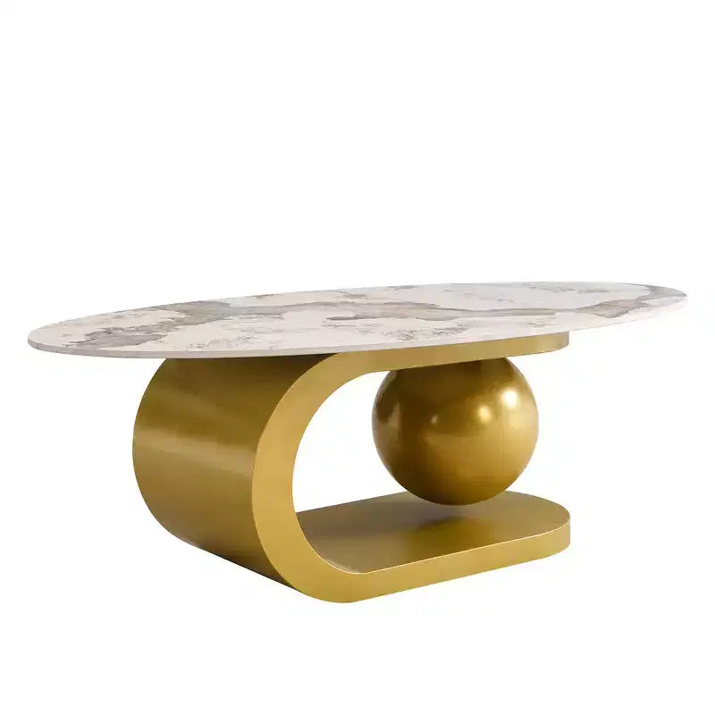 Whisen 47.2 Modern Oval Coffee Table with Marble Pattern Sintered Stone Top & Gold Stainless Steel Base - White & Gold
