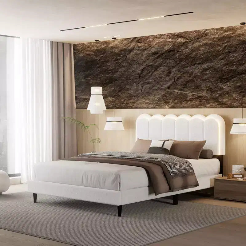 Cream Lambswool Upholstered Bed Frame with Petal Headboard, LED Ambient Light and Quiet Solid Support for Modern Bedrooms, Full