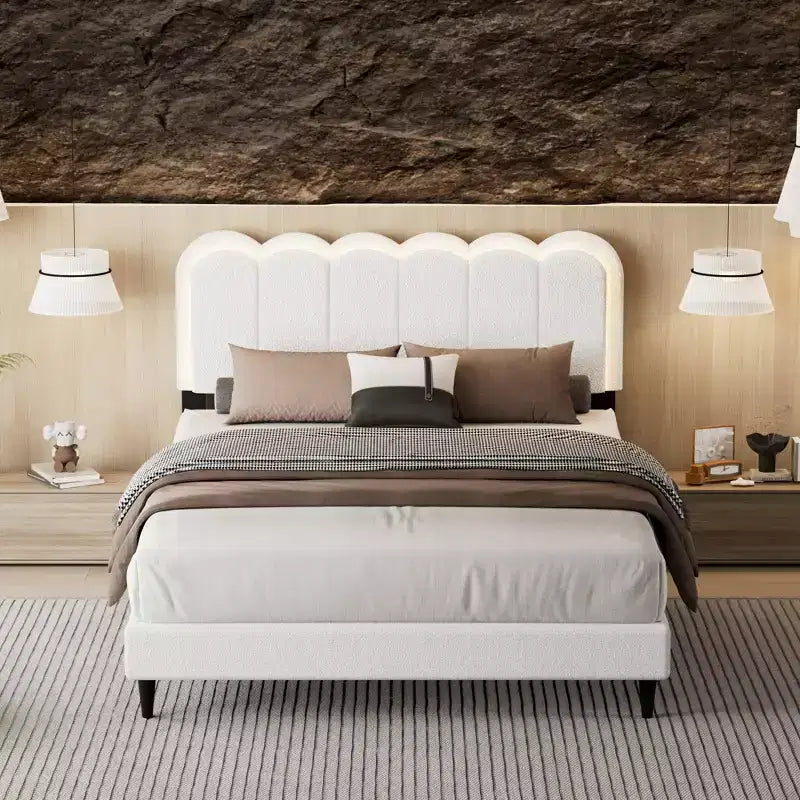 Cream Lambswool Upholstered Bed Frame with Petal Headboard, LED Ambient Light and Quiet Solid Support for Modern Bedrooms, Full