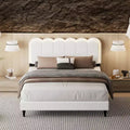 Cream Lambswool Upholstered Bed Frame with Petal Headboard, LED Ambient Light and Quiet Solid Support for Modern Bedrooms, Full