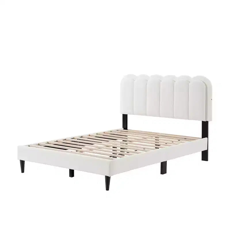 Cream Lambswool Upholstered Bed Frame with Petal Headboard, LED Ambient Light and Quiet Solid Support for Modern Bedrooms, Full
