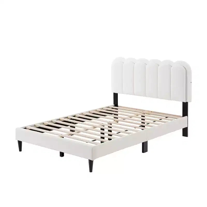 Cream Lambswool Upholstered Bed Frame with Petal Headboard, LED Ambient Light and Quiet Solid Support for Modern Bedrooms, Full